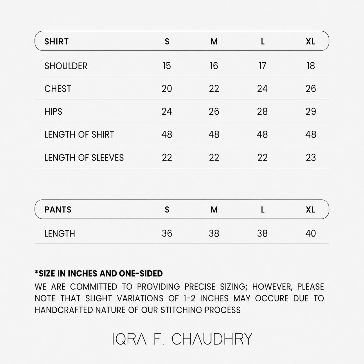 Sera size chart