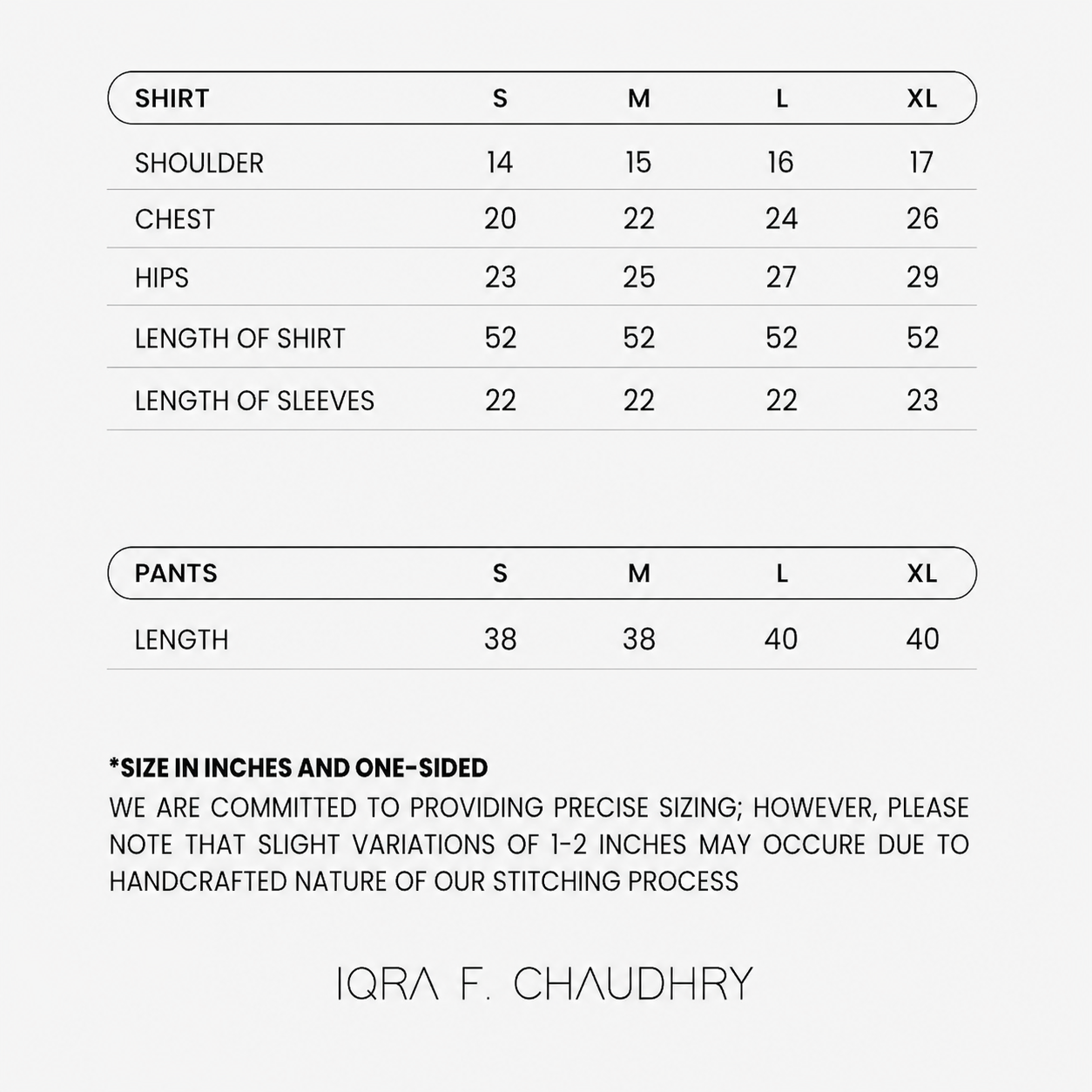 Amalia size chart