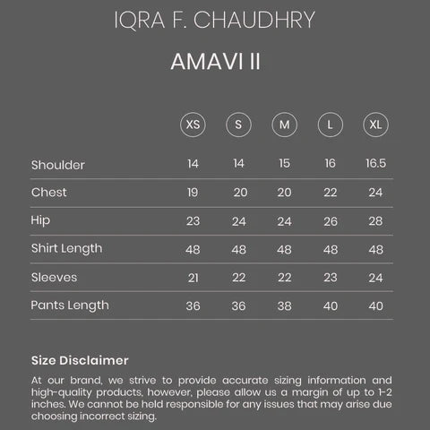 Amavi II size chart