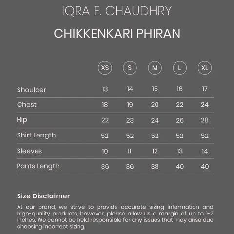 Chikkenkari Phiran size chart