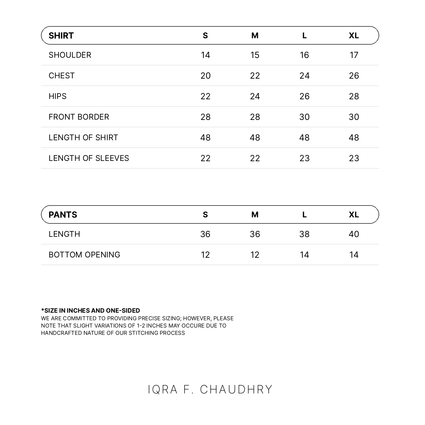 Khai Phiran size chart