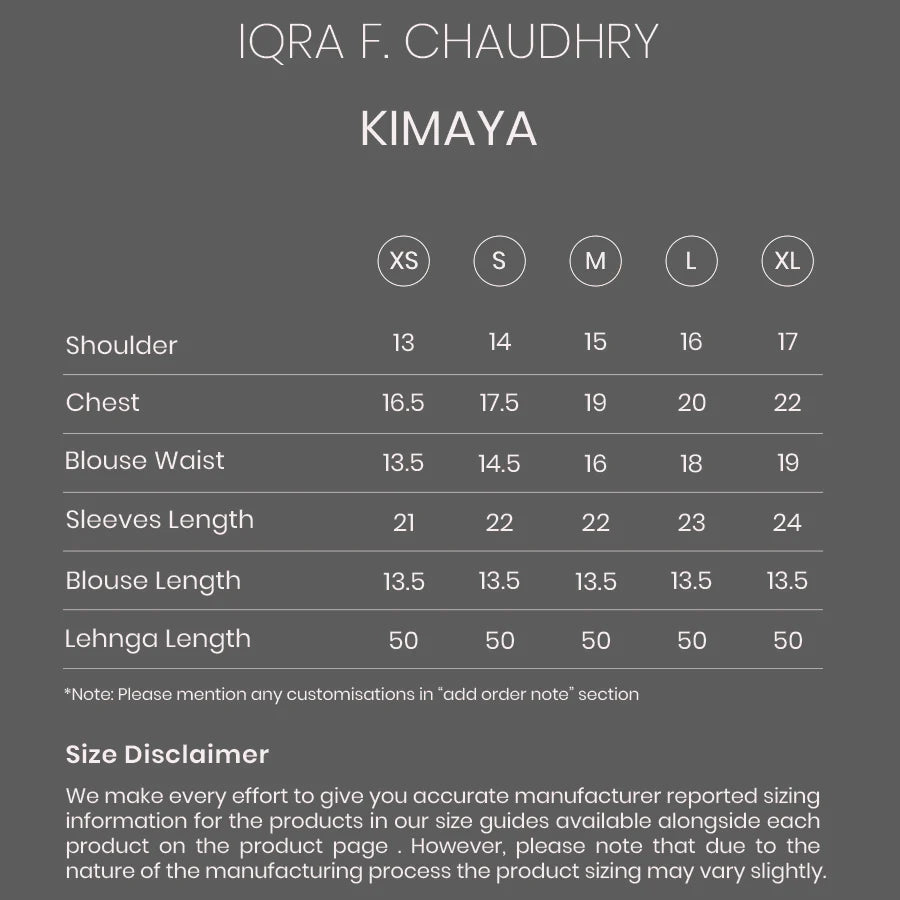 Kimaya size chart