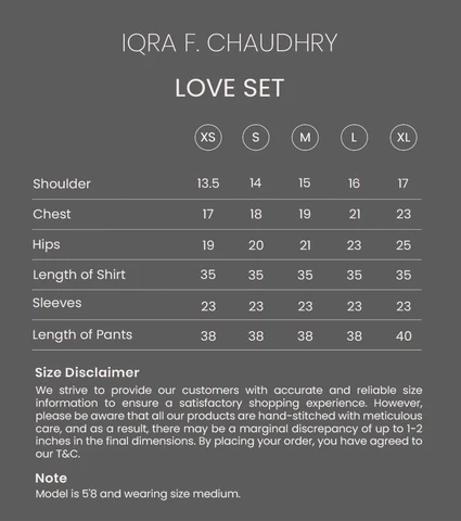 LOVE SET size chart