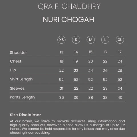 Nuri Chogah size chart