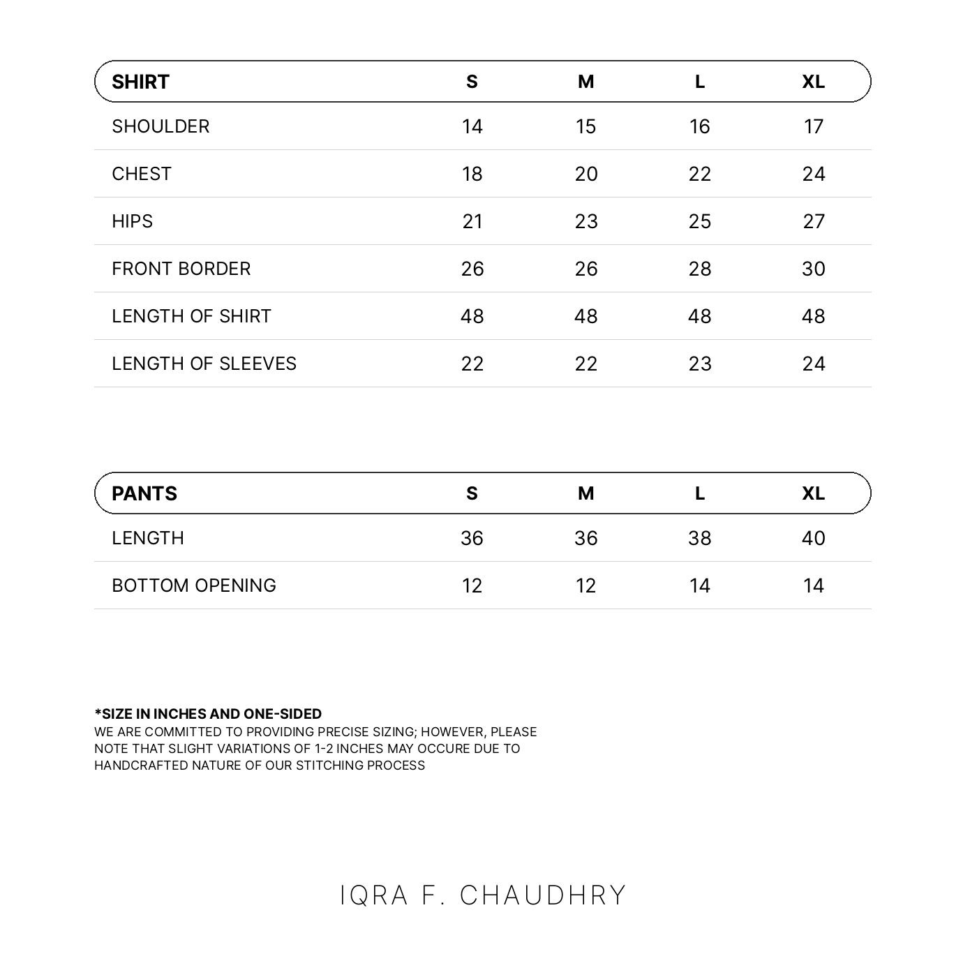 Seraya size chart