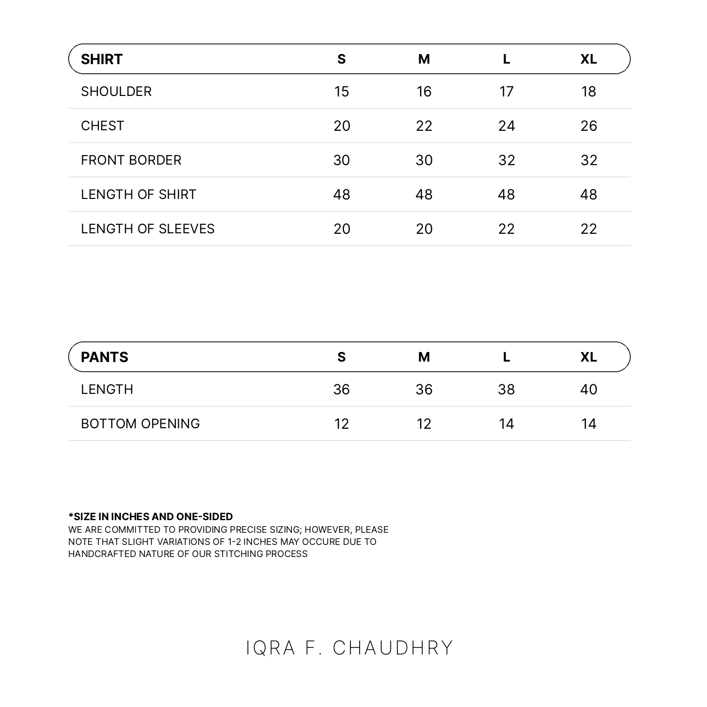 Zahria size chart