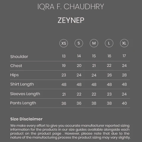 ZEYNEP PHIRAN size chart