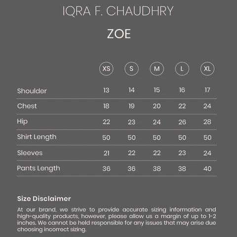 Zoe size chart