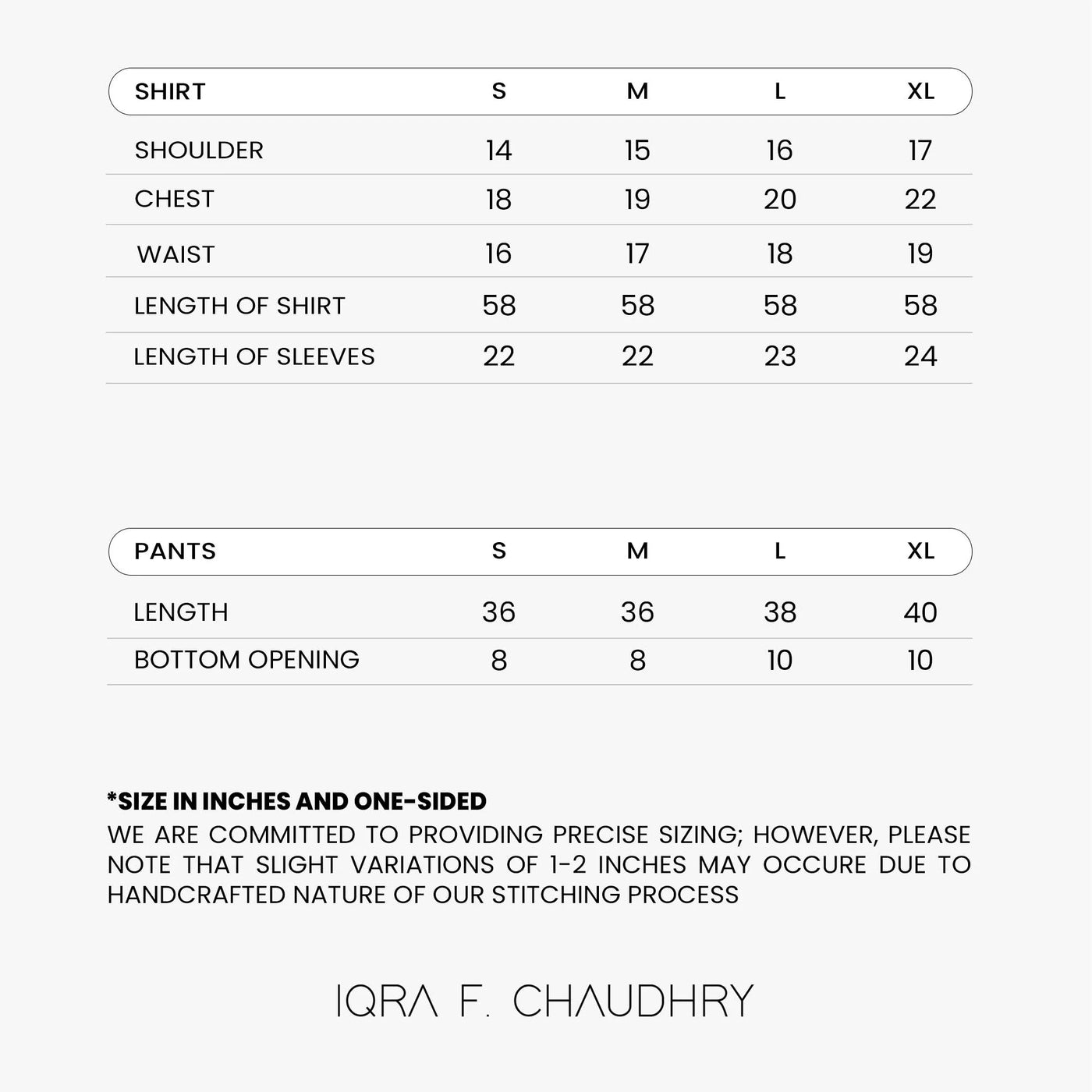 Aroa size chart