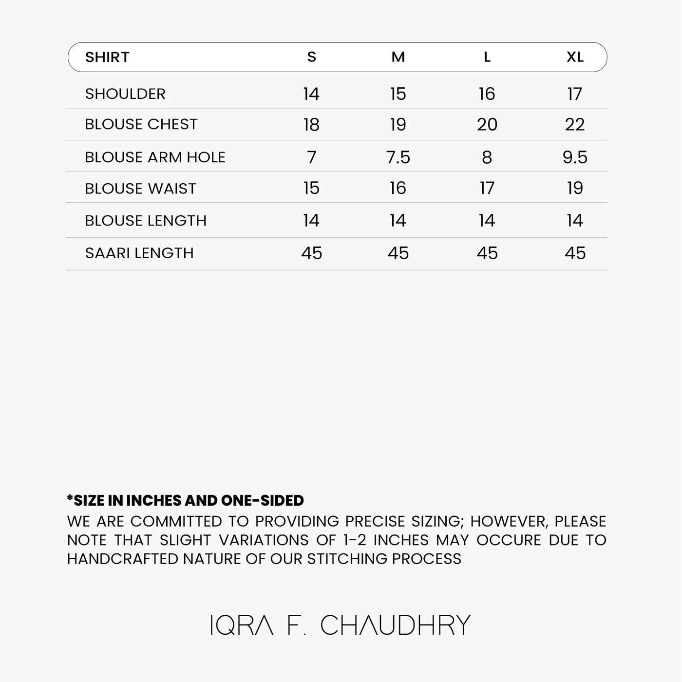 Chikkenkari Saari size chart