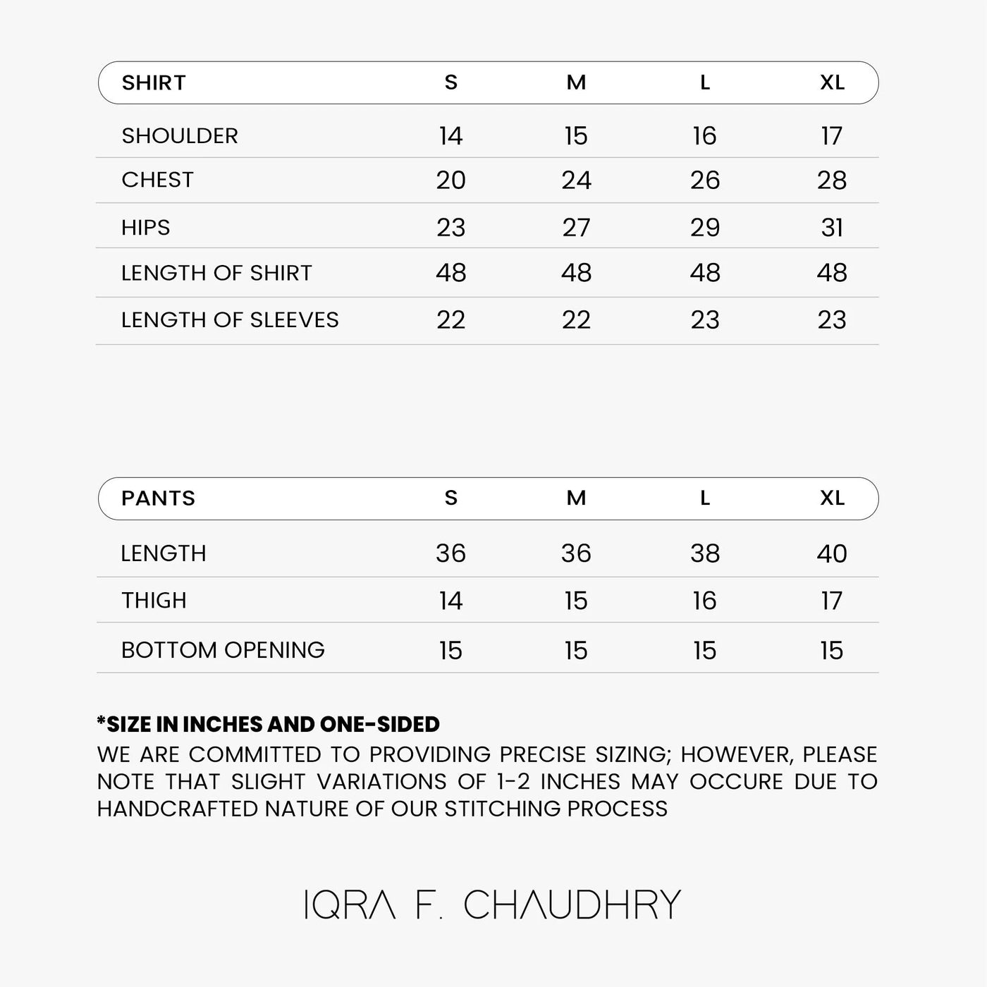 Kai Kaftan size chart