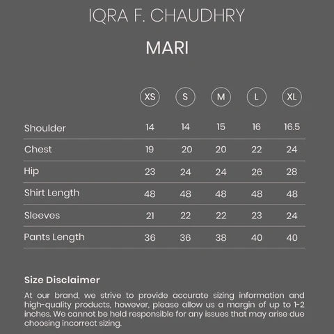 Mari Phiran size chart