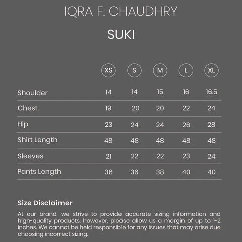 Suki Phiran size chart