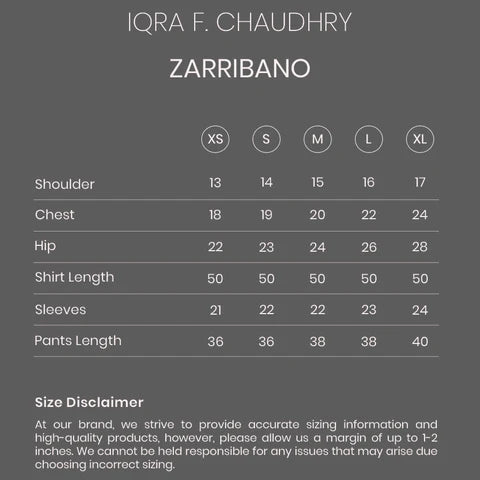 Zarribano size chart